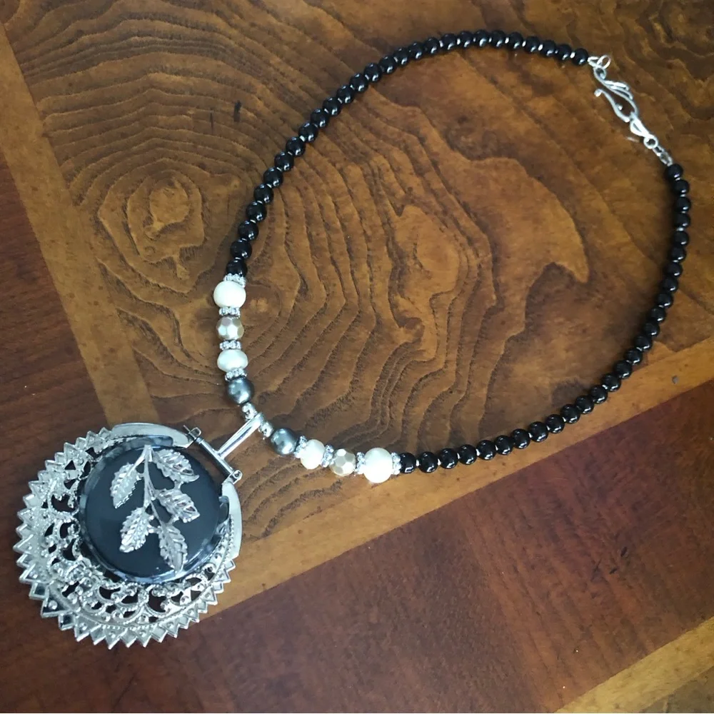 Handcrafted repurpose filigree leaf pendant Czech glass Pearl necklace